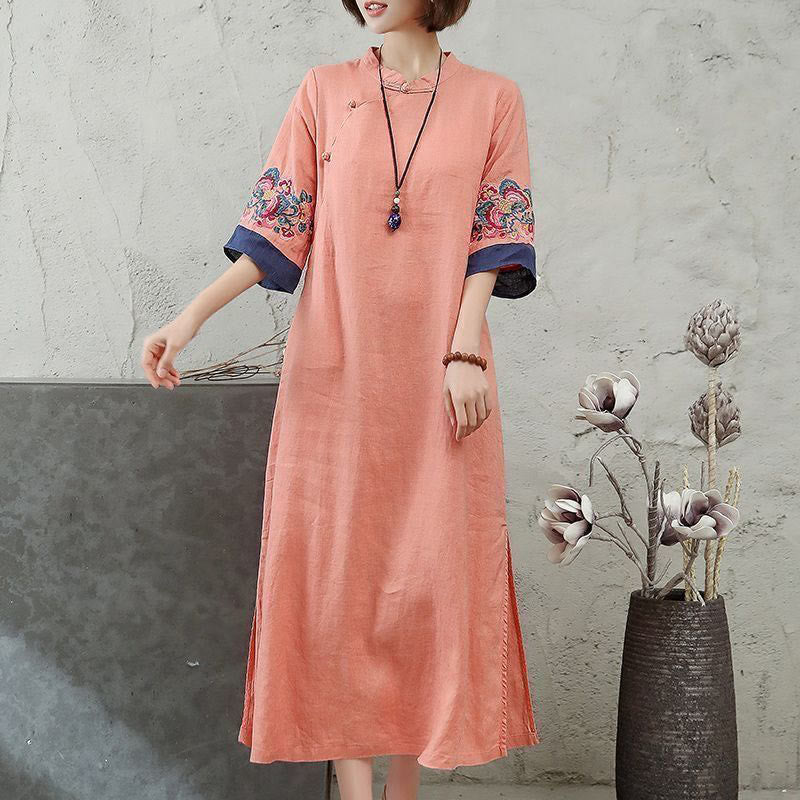 Buddha Stones刺繍フロッグボタン半袖コットンリネンレディースミディドレス - ライトサーモン - US14、 UK/AU18、 EU46 (4XL) - image 0