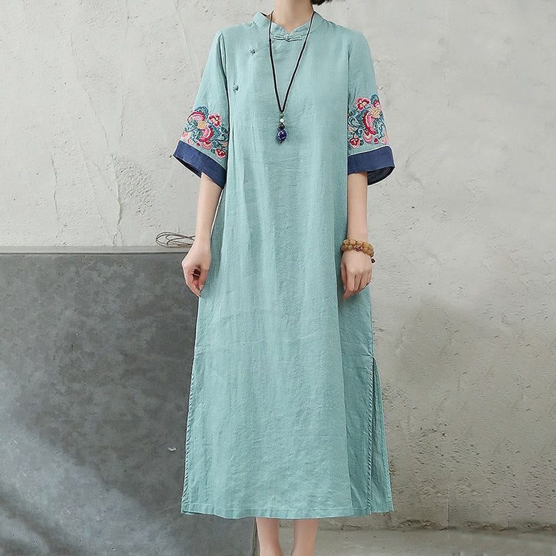 Buddha Stones刺繍フロッグボタン半袖コットンリネンレディースミディドレス - image 8
