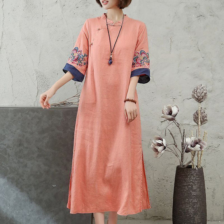 Buddha Stones刺繍フロッグボタン半袖コットンリネンレディースミディドレス - ライトサーモン - US14、 UK/AU18、 EU46 (4XL) - image 0