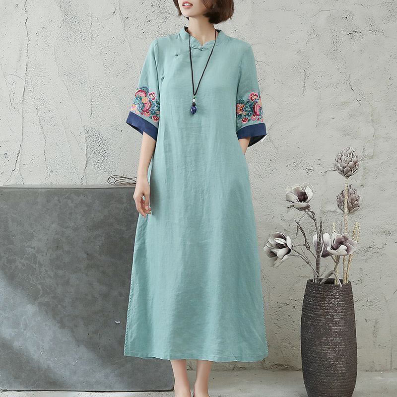 Buddha Stones刺繍入りカエルボタン付きハーフスリーブミディ丈レディースドレス - ミディアムターコイズ - US14、 UK/AU18、 EU46 (4XL) - image 5