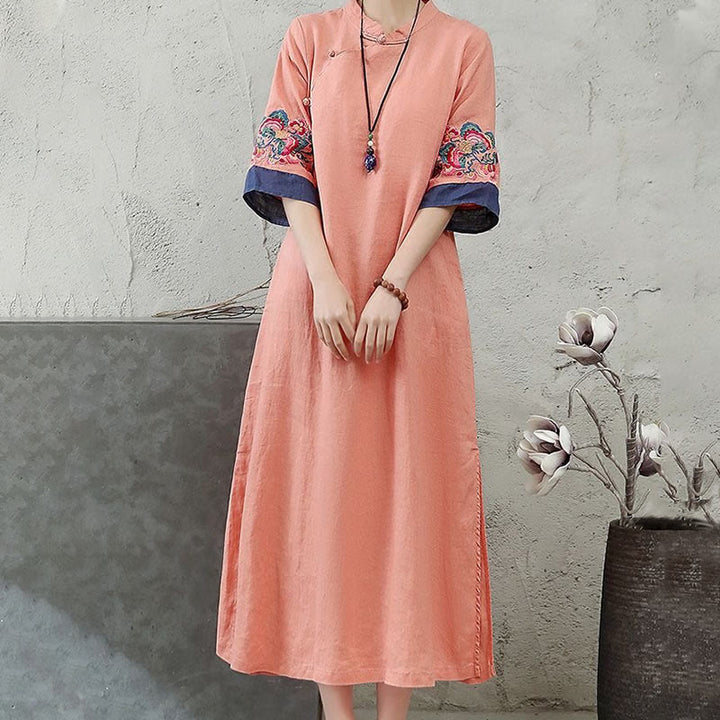 Buddha Stones刺繍フロッグボタン半袖コットンリネンレディースミディドレス - image 2