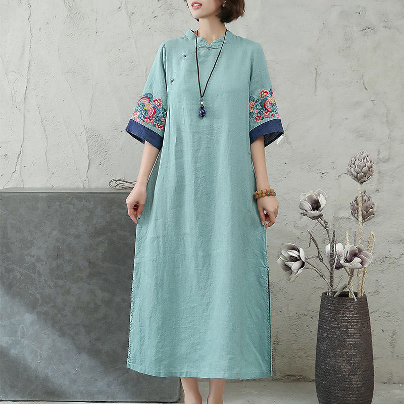Buddha Stones刺繍入りカエルボタン付きハーフスリーブミディ丈レディースドレス - image 6