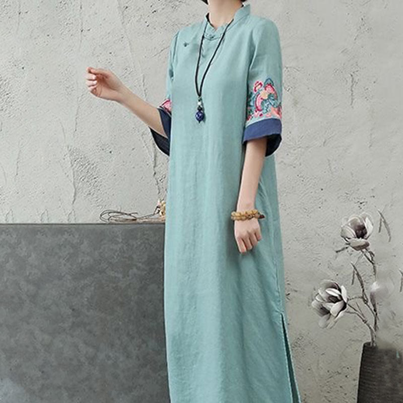 Buddha Stones刺繍フロッグボタン半袖コットンリネンレディースミディドレス - image 9