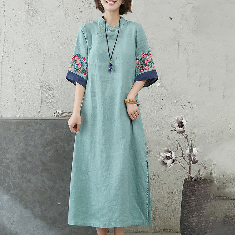 Buddha Stones刺繍入りカエルボタン付きハーフスリーブミディ丈レディースドレス - image 7