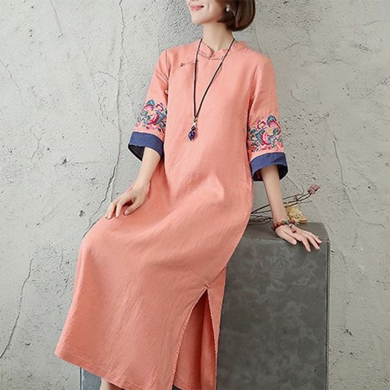 Buddha Stones刺繍フロッグボタン半袖コットンリネンレディースミディドレス - image 4