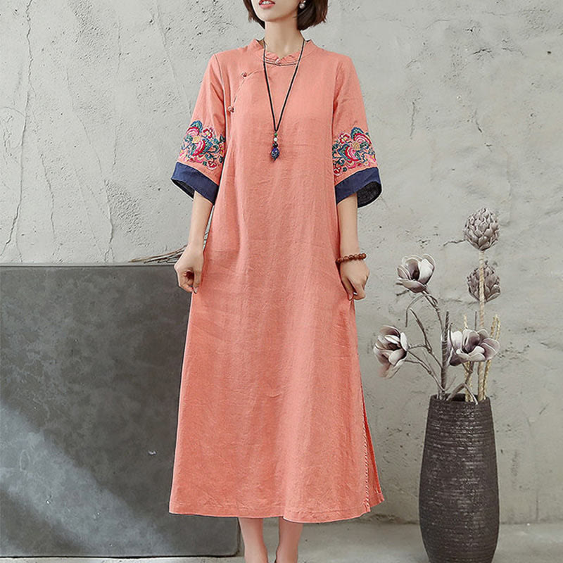 Buddha Stones刺繍フロッグボタン半袖コットンリネンレディースミディドレス - image 1