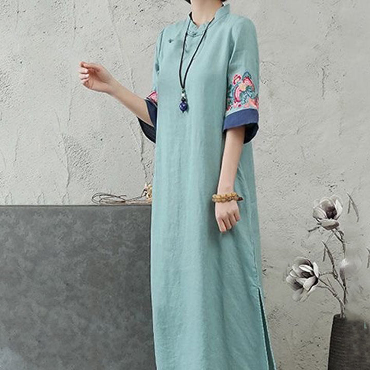 Buddha Stones刺繍入りカエルボタン付きハーフスリーブミディ丈レディースドレス - image 9