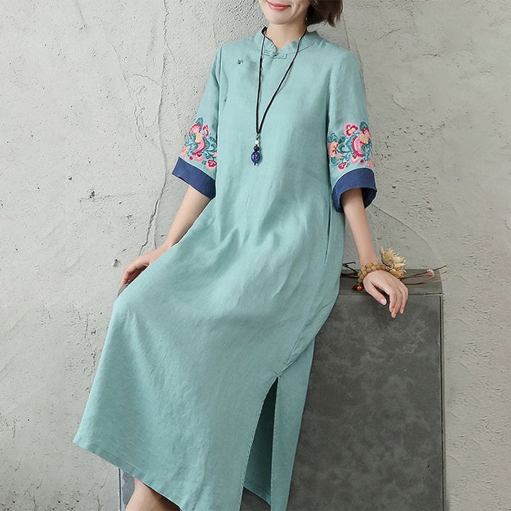 Buddha Stones刺繍フロッグボタン半袖コットンリネンレディースミディドレス - image 10
