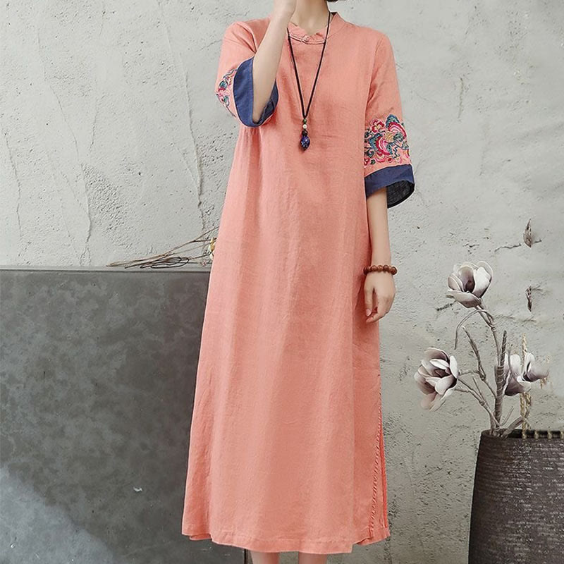 Buddha Stones刺繍フロッグボタン半袖コットンリネンレディースミディドレス - image 3