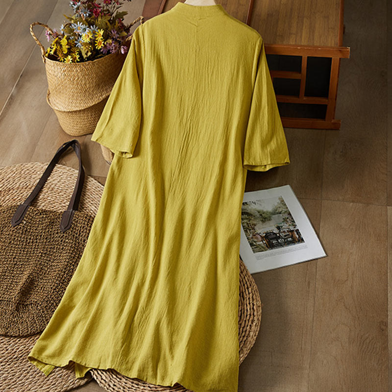 Buddha Stonesヴィンテージ刺繍 フロッグボタン 半袖 ハイウエスト コットンリネン レディース ミディドレス - image 1