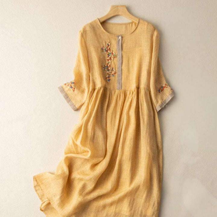 Buddha Stones春 エスニック刺繍 半袖 コットンリネン レディース ミディドレス - 金 - US8-10，UK/AU12-14，EU40-42 (2XL) - image 3