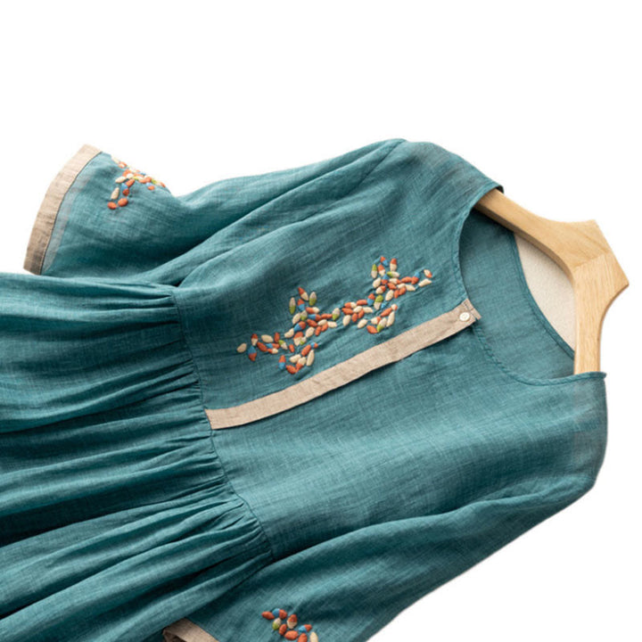 Buddha Stones春 エスニック刺繍 半袖 コットンリネン レディース ミディドレス - image 9