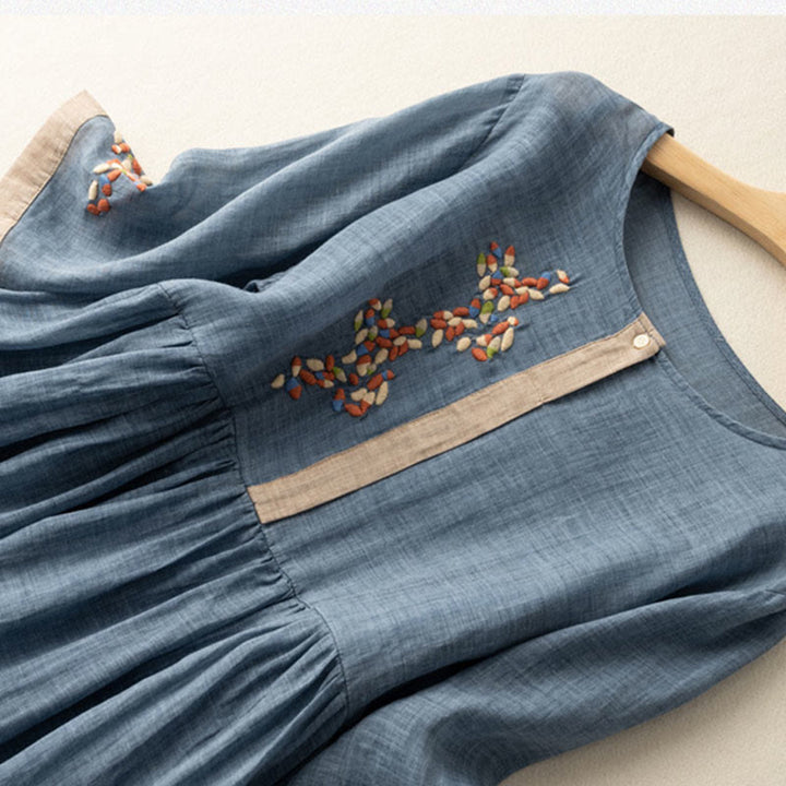Buddha Stones春のエスニック刺繍 ハーフスリーブ レディース ミディドレス - image 11