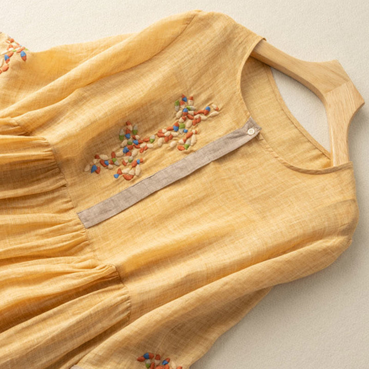 Buddha Stones春 エスニック刺繍 半袖 コットンリネン レディース ミディドレス - image 3