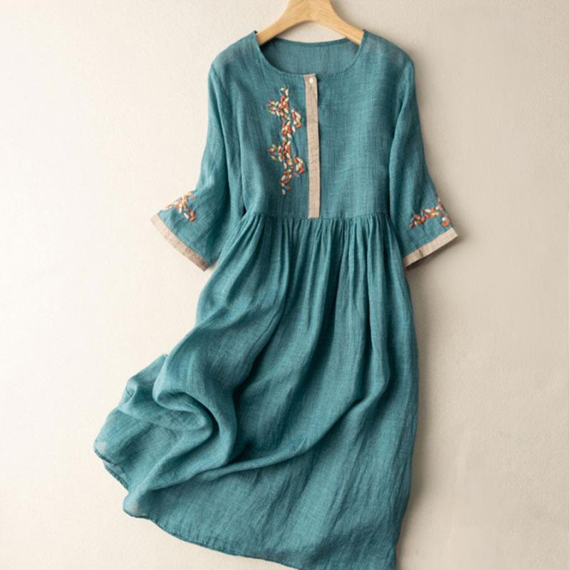 Buddha Stones春 エスニック刺繍 半袖 コットンリネン レディース ミディドレス - ティール - US8-10，UK/AU12-14，EU40-42 (2XL) - image 7