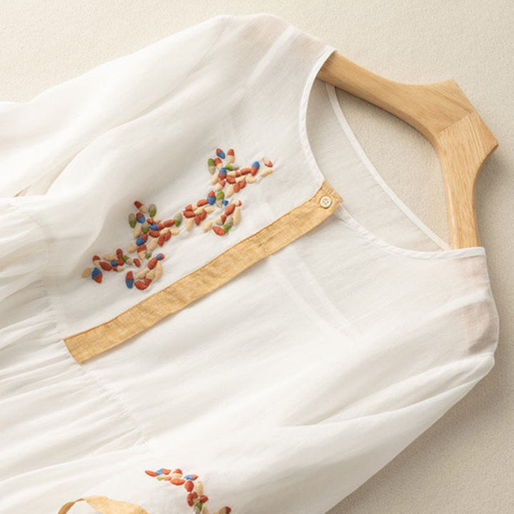 Buddha Stones春 エスニック刺繍 半袖 コットンリネン レディース ミディドレス - image 1