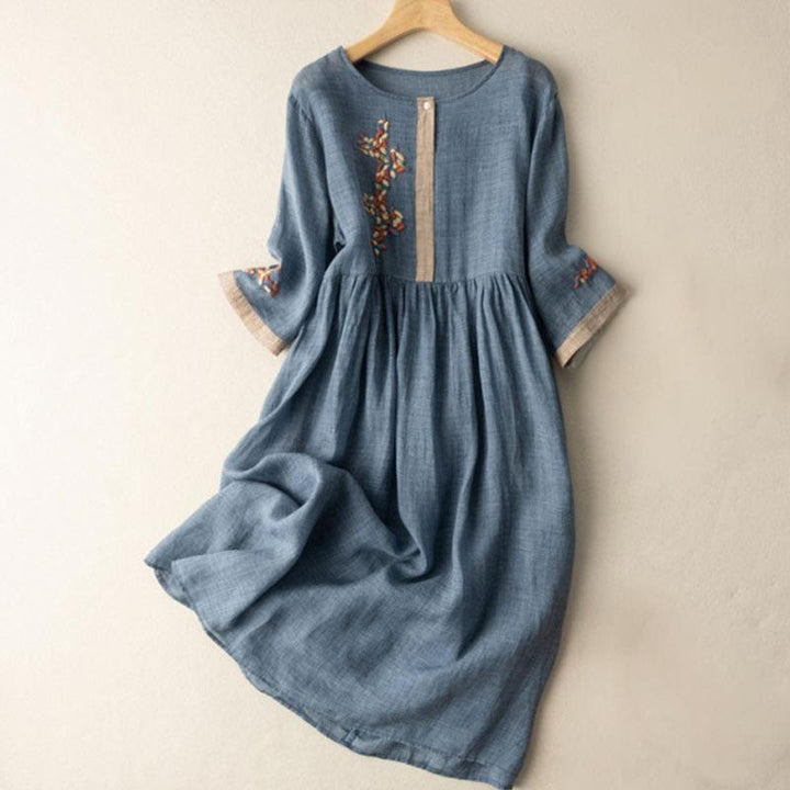 Buddha Stones春 エスニック刺繍 半袖 コットンリネン レディース ミディドレス - スティールブルー - US8-10，UK/AU12-14，EU40-42 (2XL) - image 11
