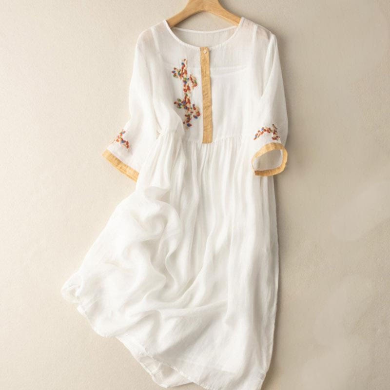 Buddha Stones春 エスニック刺繍 半袖 コットンリネン レディース ミディドレス - 白 - US8-10，UK/AU12-14，EU40-42 (2XL) - image 1