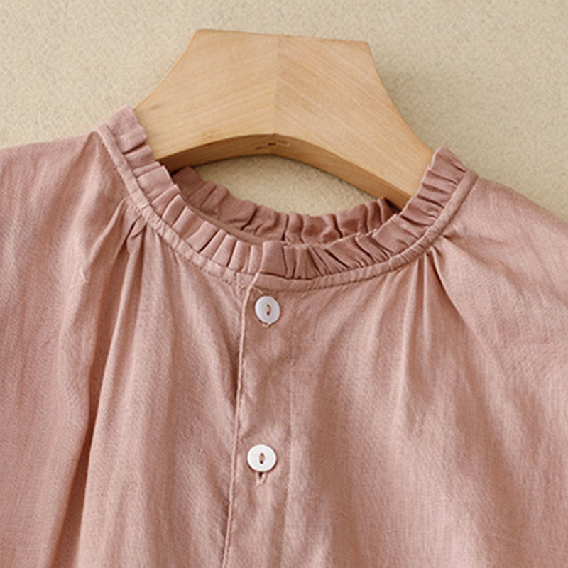 Buddha Stonesカジュアル プレーンボタン クルーネック フリルネック 半袖 コットンリネン レディース ミディドレス - image 15