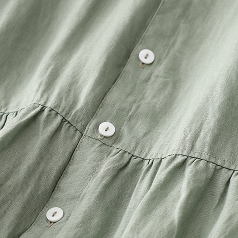 Buddha Stonesカジュアル プレーンボタン クルーネック フリルネック 半袖 コットンリネン レディース ミディドレス - image 4