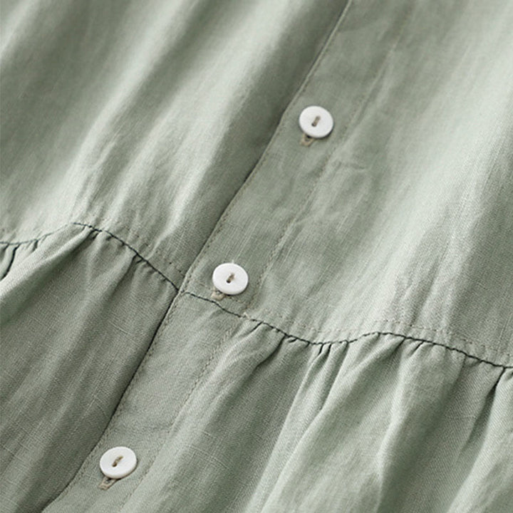 Buddha Stonesカジュアル プレーンボタン クルーネック フリルネック 半袖 コットンリネン レディース ミディドレス - image 4