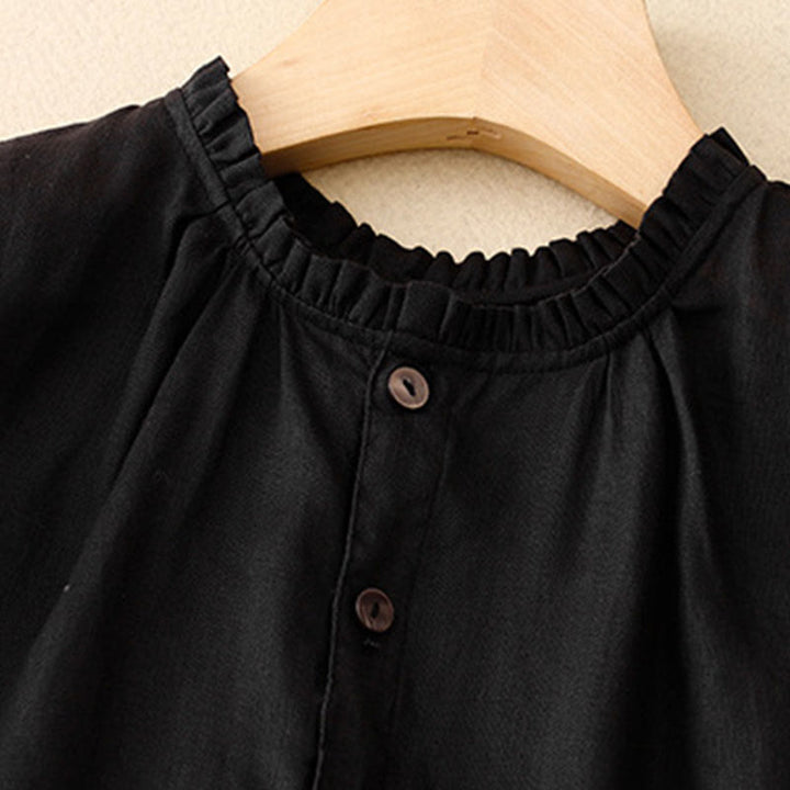 Buddha Stonesカジュアル プレーンボタン クルーネック フリルネック 半袖 コットンリネン レディース ミディドレス - image 11