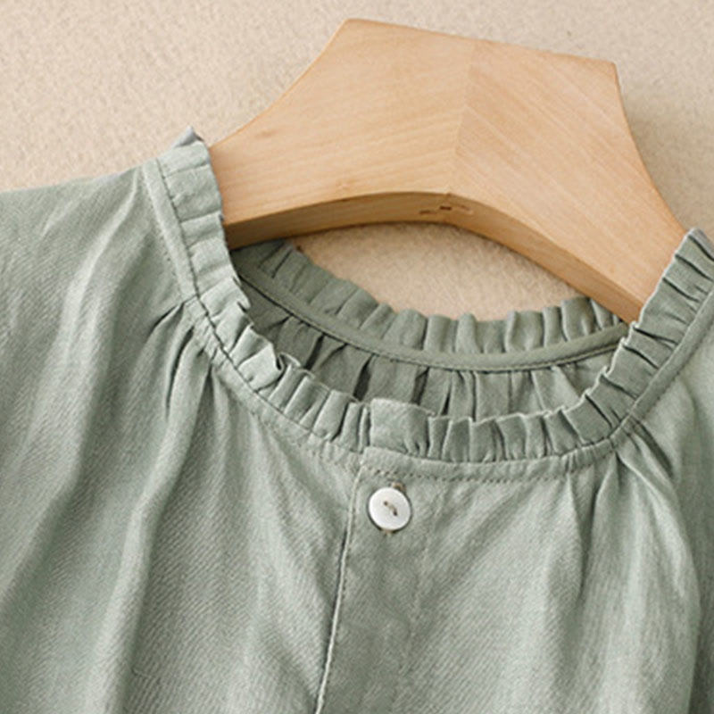 Buddha Stonesカジュアル プレーンボタン クルーネック フリルネック 半袖 コットンリネン レディース ミディドレス - image 2