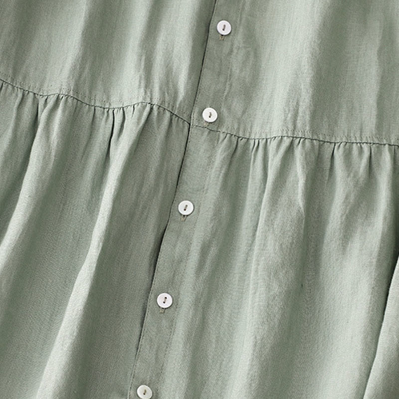 Buddha Stonesカジュアル プレーンボタン クルーネック フリルネック 半袖 コットンリネン レディース ミディドレス - image 5