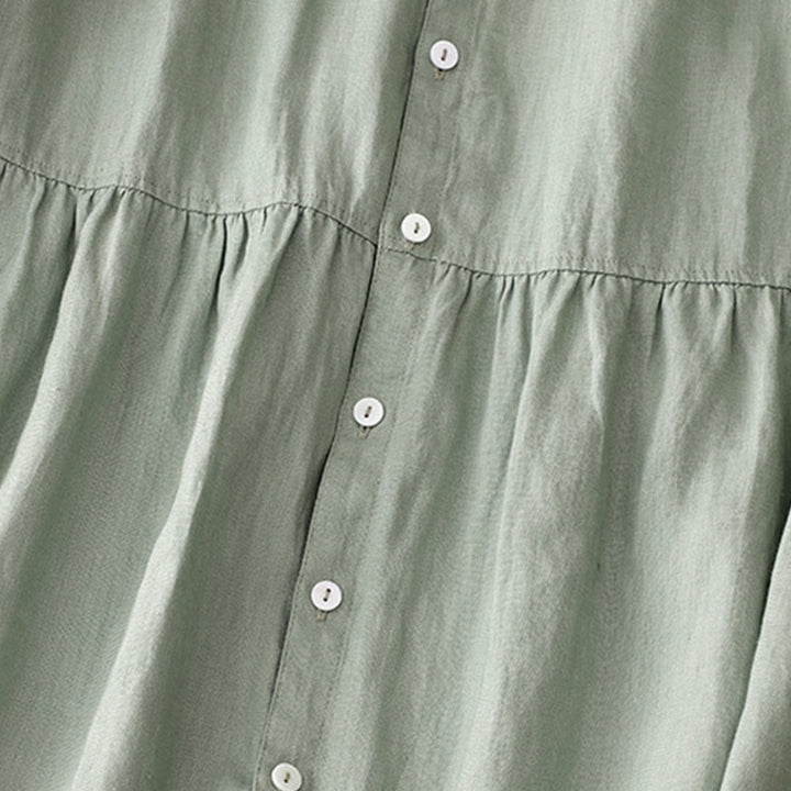 Buddha Stonesカジュアル プレーンボタン クルーネック フリルネック 半袖 コットンリネン レディース ミディドレス - image 5