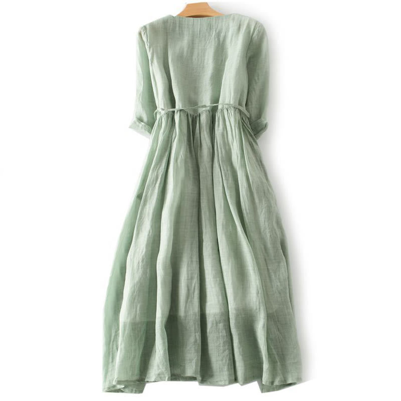 Buddha Stonesカジュアル 無地 フリルデザイン 半袖 レースアップ レディース ミディドレス ポケット付き - image 1