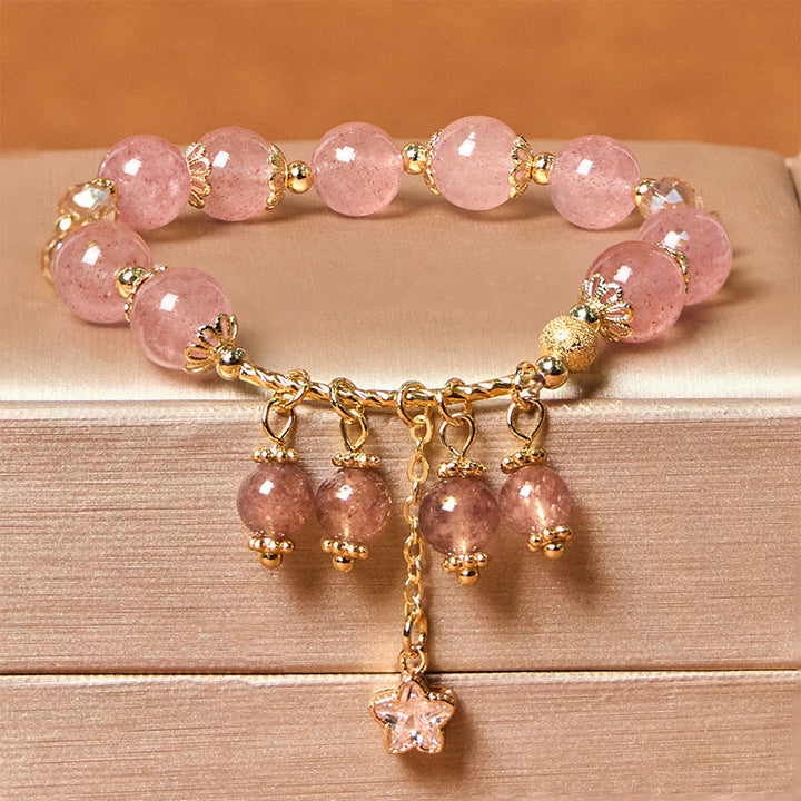 Buddha Stones天然ストロベリークォーツ 四つ葉のクローバー スター ポジティブブレスレット