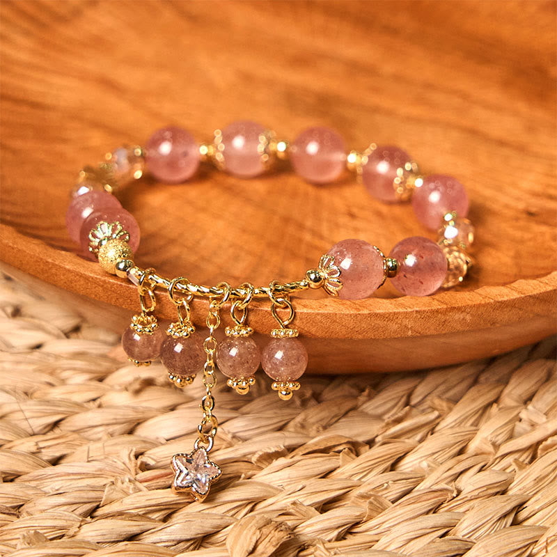 Buddha Stones天然ストロベリークォーツ 四つ葉のクローバー スター ポジティブブレスレット