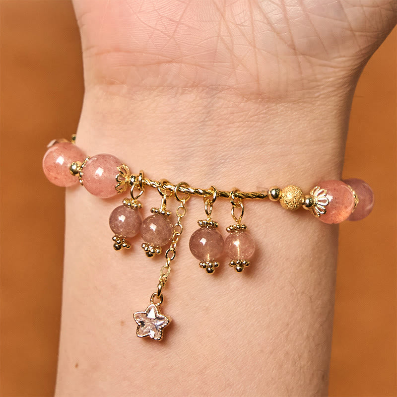 Buddha Stones天然ストロベリークォーツ 四つ葉のクローバー スター ポジティブブレスレット
