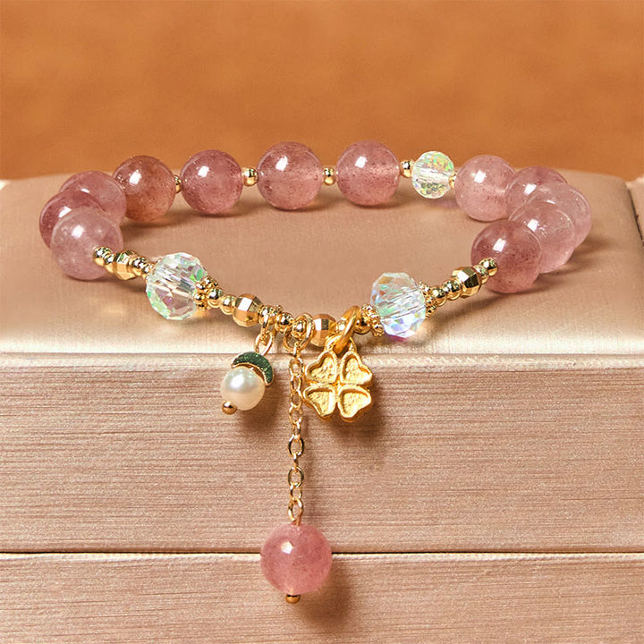 Buddha Stones天然ストロベリークォーツ 四つ葉のクローバー ヒーリングブレスレット