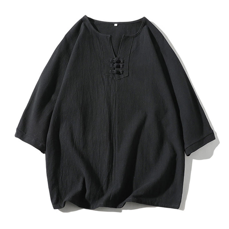 Buddha Stones 2点セット 無地 ノッチカラー Tシャツ 7-8丈 ワイドレッグショーツ ポケット付き コットンリネン メンズ 瞑想用クロスセット