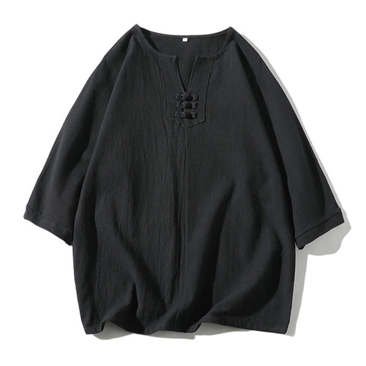 Buddha Stones 2点セット 無地 ノッチカラー Tシャツ 7-8丈 ワイドレッグショーツ ポケット付き コットンリネン メンズ 瞑想用クロスセット