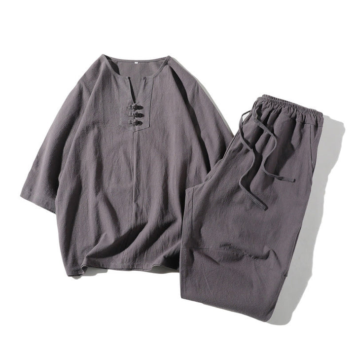 Buddha Stones 2点セット 無地 ノッチカラー Tシャツ 7-8丈 ワイドレッグショーツ ポケット付き コットンリネン メンズ 瞑想用クロスセット