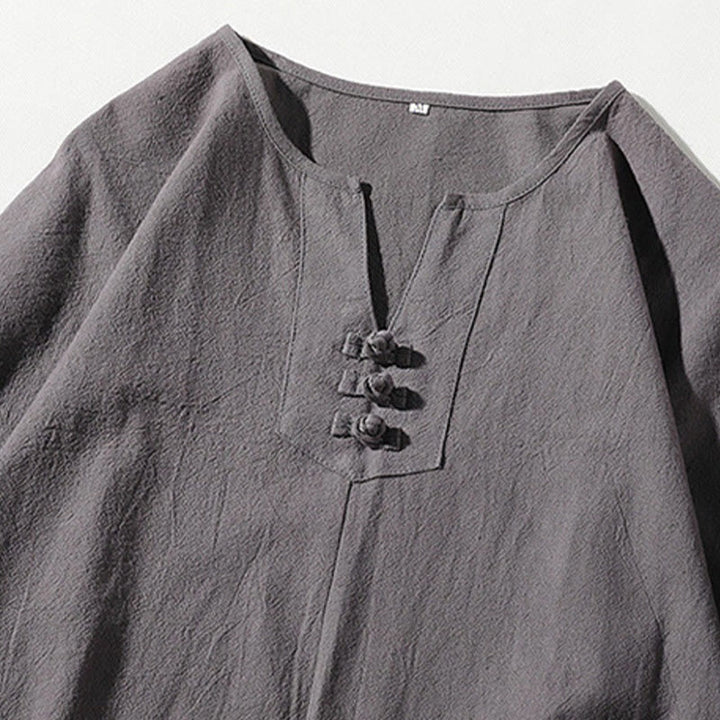 Buddha Stones 2点セット 無地 ノッチカラー Tシャツ 7-8丈 ワイドレッグショーツ ポケット付き コットンリネン メンズ 瞑想用クロスセット