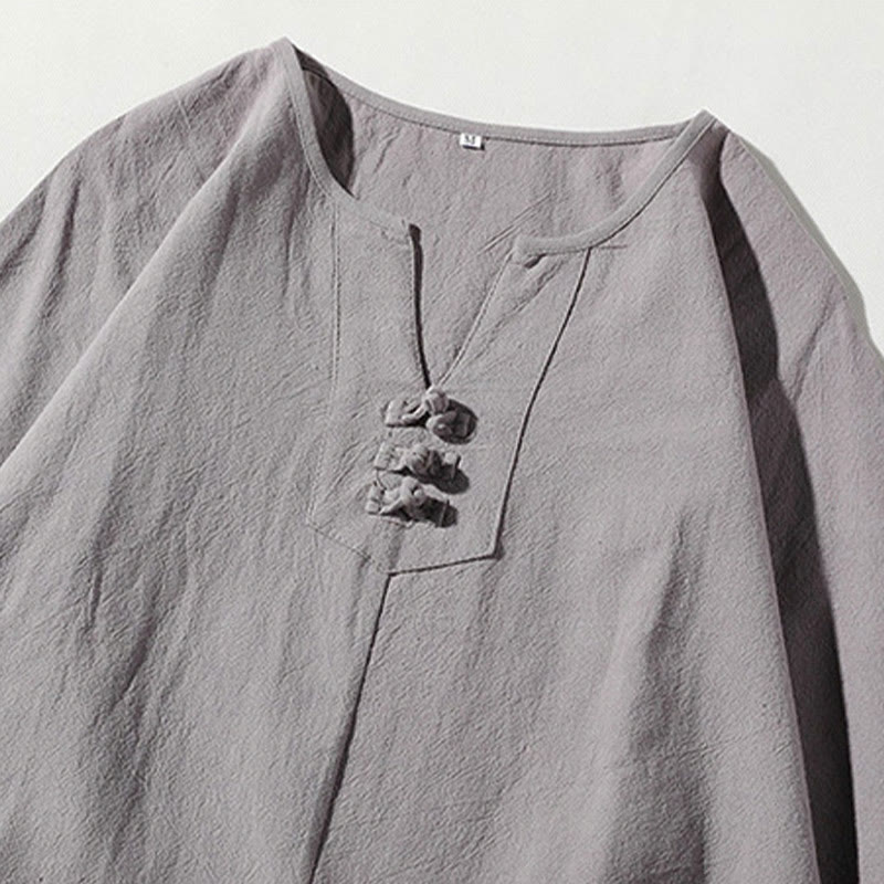 Buddha Stones 2点セット 無地 ノッチカラー Tシャツ 7-8丈 ワイドレッグショーツ ポケット付き コットンリネン メンズ 瞑想用クロスセット