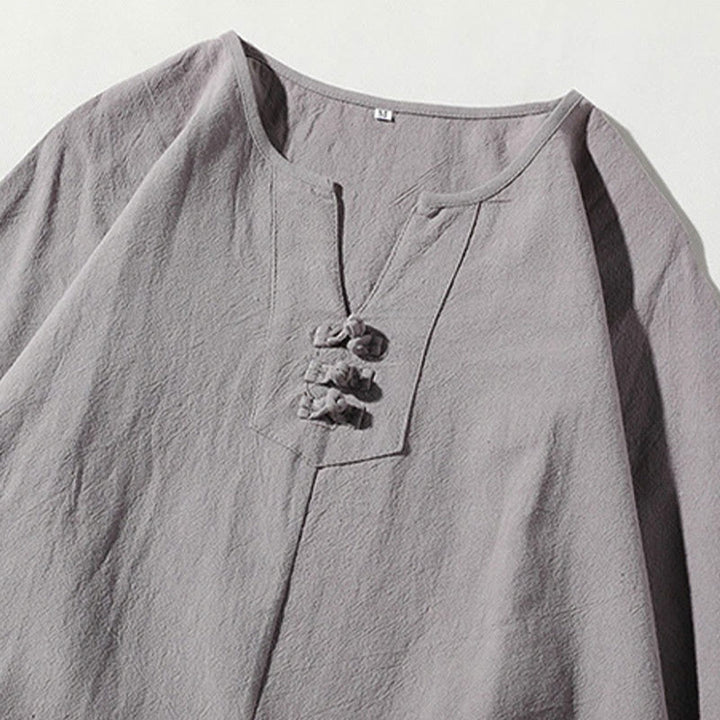 Buddha Stones 2点セット 無地 ノッチカラー Tシャツ 7-8丈 ワイドレッグショーツ ポケット付き コットンリネン メンズ 瞑想用クロスセット
