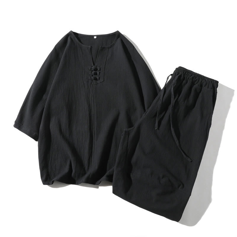 Buddha Stones 2点セット 無地 ノッチカラー Tシャツ 7-8丈 ワイドレッグショーツ ポケット付き コットンリネン メンズ 瞑想用クロスセット