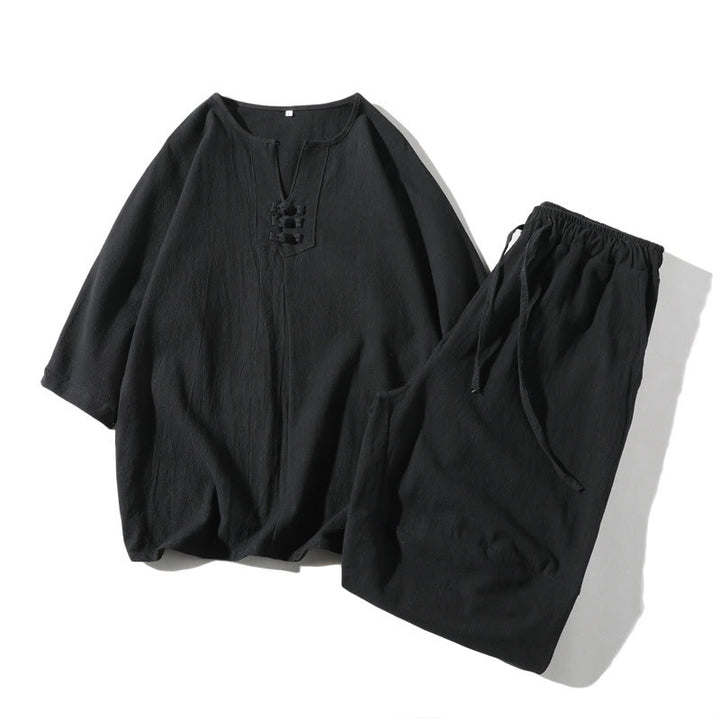 Buddha Stones 2点セット 無地 ノッチカラー Tシャツ 7-8丈 ワイドレッグショーツ ポケット付き コットンリネン メンズ 瞑想用クロスセット