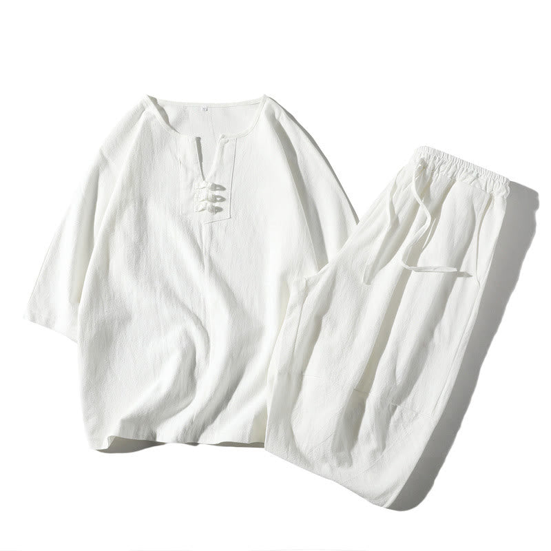 Buddha Stones 2点セット 無地 ノッチカラー Tシャツ 7-8丈 ワイドレッグショーツ ポケット付き コットンリネン メンズ 瞑想用クロスセット