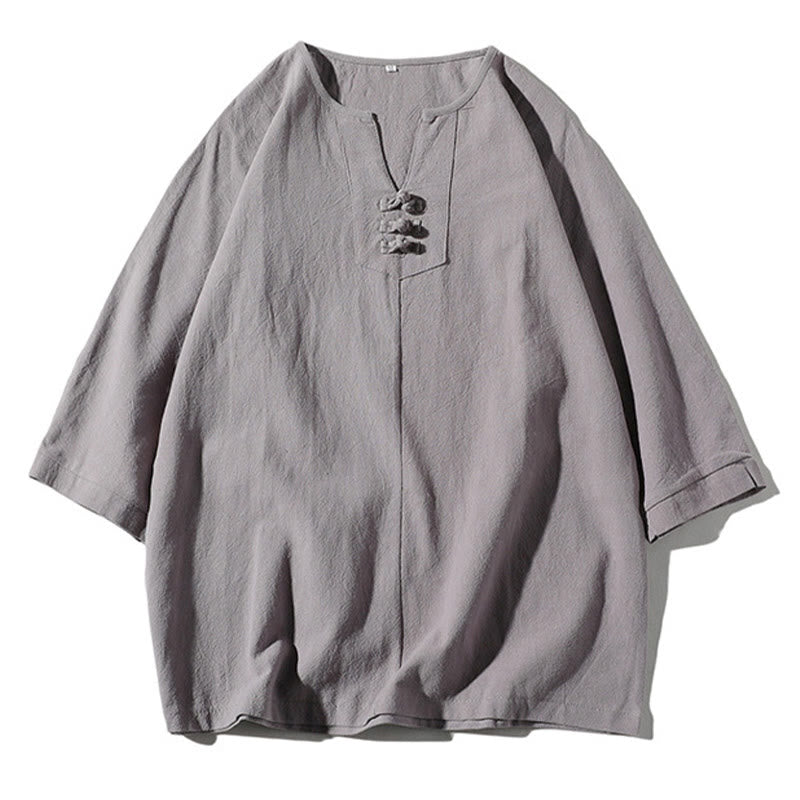 Buddha Stones 2点セット 無地 ノッチカラー Tシャツ 7-8丈 ワイドレッグショーツ ポケット付き コットンリネン メンズ 瞑想用クロスセット