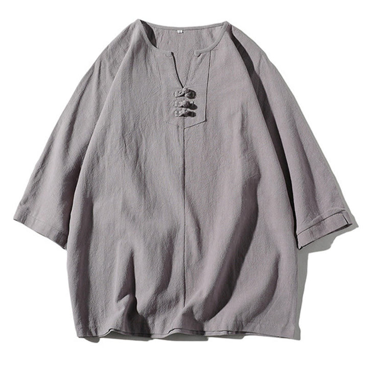 Buddha Stones 2点セット 無地 ノッチカラー Tシャツ 7-8丈 ワイドレッグショーツ ポケット付き コットンリネン メンズ 瞑想用クロスセット