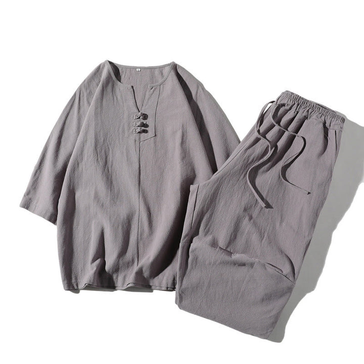 Buddha Stones 2点セット 無地 ノッチカラー Tシャツ 7-8丈 ワイドレッグショーツ ポケット付き コットンリネン メンズ 瞑想用クロスセット