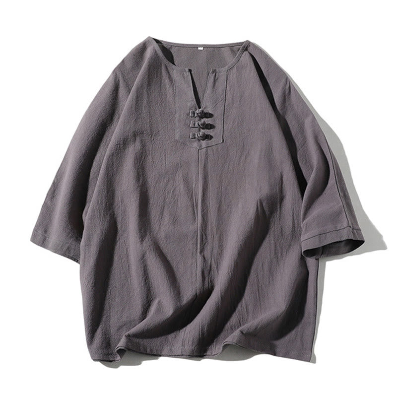 Buddha Stones2枚組 無地ノッチカラーTシャツ ワイドレッグショーツ ポケット付き メンズ瞑想服セット - image 1