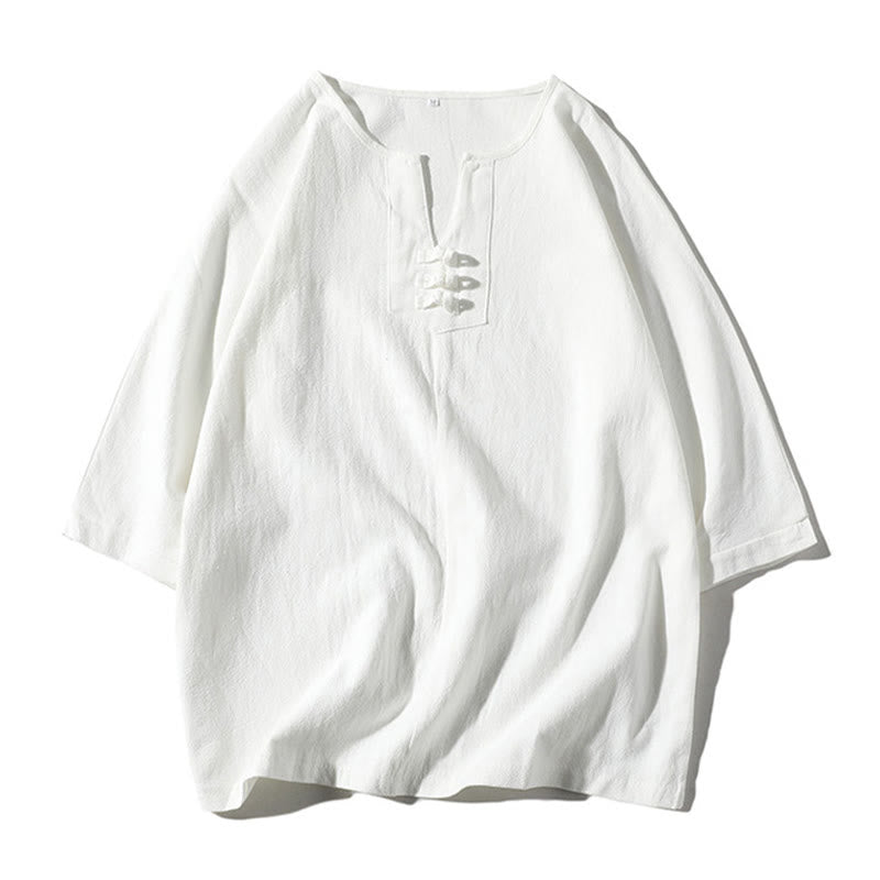 Buddha Stones 2点セット 無地 ノッチカラー Tシャツ 7-8丈 ワイドレッグショーツ ポケット付き コットンリネン メンズ 瞑想用クロスセット