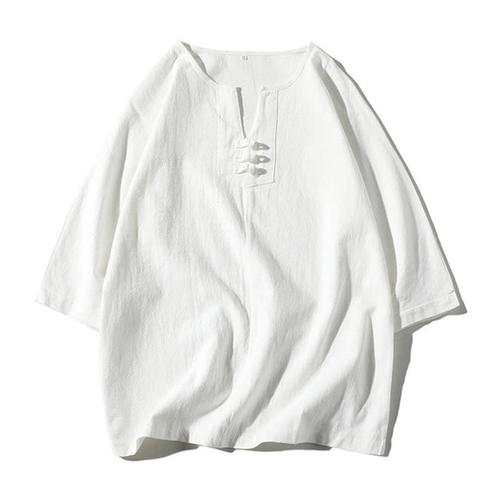 Buddha Stones 2点セット 無地 ノッチカラー Tシャツ 7-8丈 ワイドレッグショーツ ポケット付き コットンリネン メンズ 瞑想用クロスセット