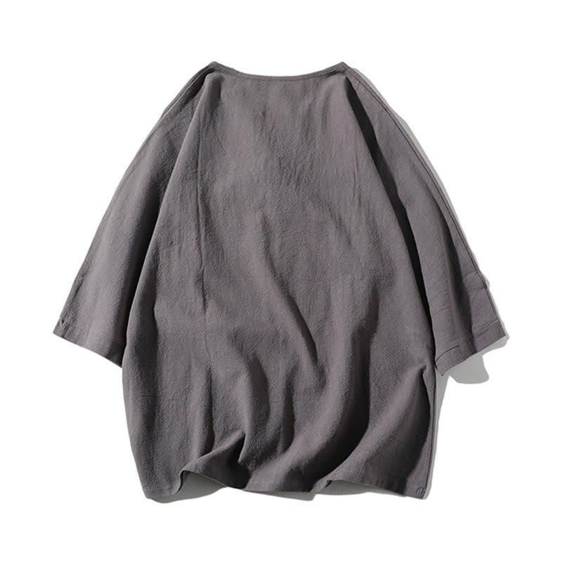 Buddha Stones 2点セット 無地 ノッチカラー Tシャツ 7-8丈 ワイドレッグショーツ ポケット付き コットンリネン メンズ 瞑想用クロスセット